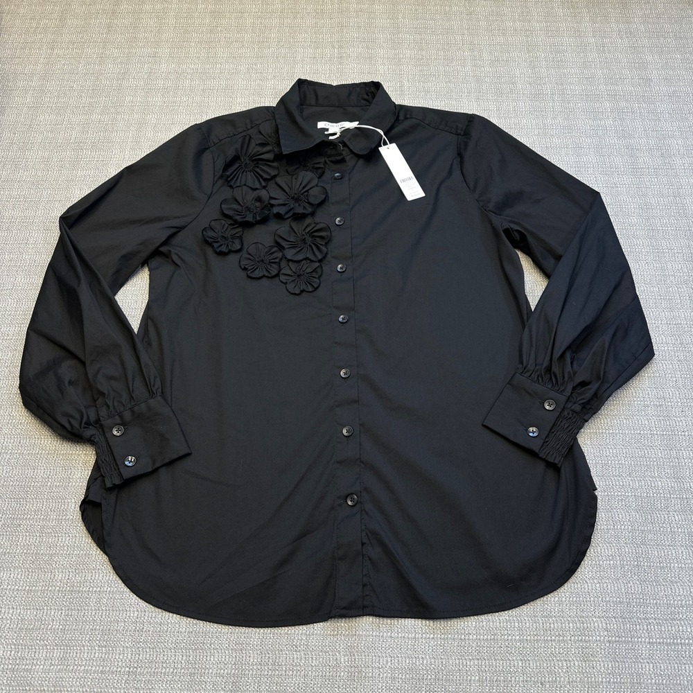 Chicos Black Poplin Tunic Top Medium 1 Black 3D Applique Flowers Button Down New